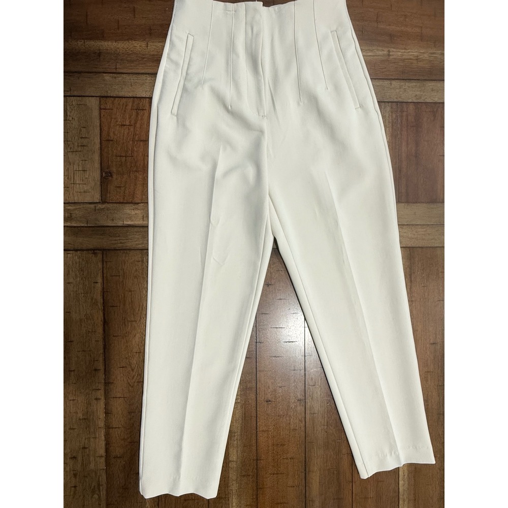 Zara Womens High Waisted Tapered Trousers Cream Ivory Size M Darted Dress Pants